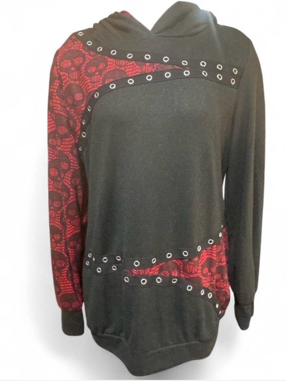 Black and Red Skull-Accent Hooded Tunic with silver grommets goth alt